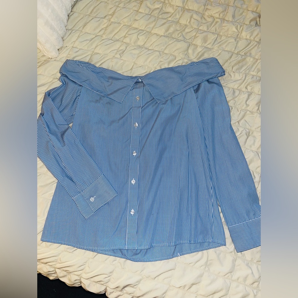 Express Blue Striped Off-Shoulder Button Down Shirt